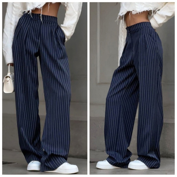 Commense Pinstripe Pleated Wide-Leg Pants Size L | NWT - Picture 1 of 10